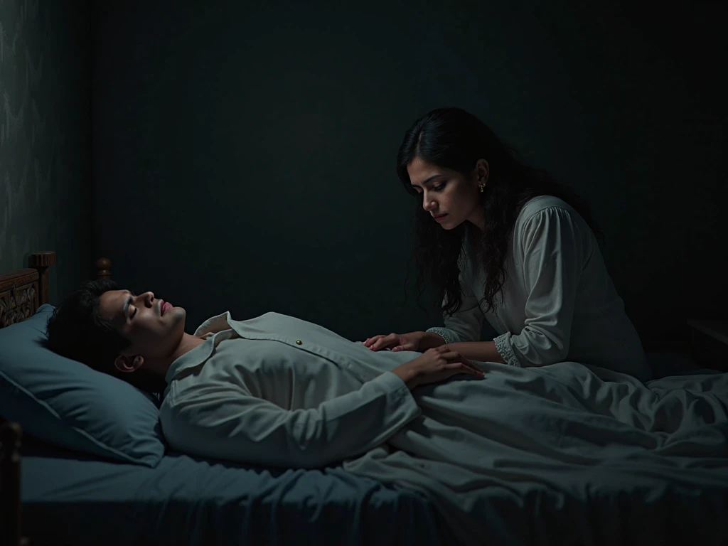 Genrate images Hospital Room: A dimly lit hospital room with medical equipment, where Maya lies in bed, weak and tired, while Shiv sits beside her holding her hand.