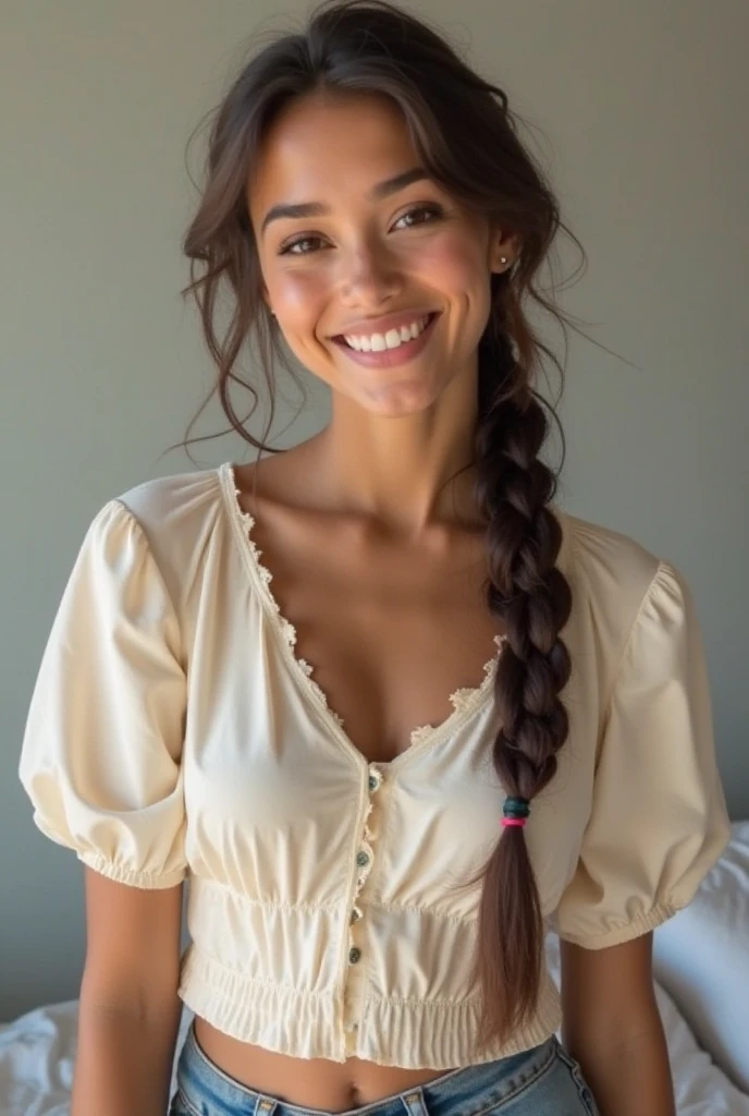 ,White skin,Braiding,skinny,Thin arms,Narrow shoulders,smile,Perfect Face,View your audience,Medium chest,Nipples,belly button,slim, shirt dress,