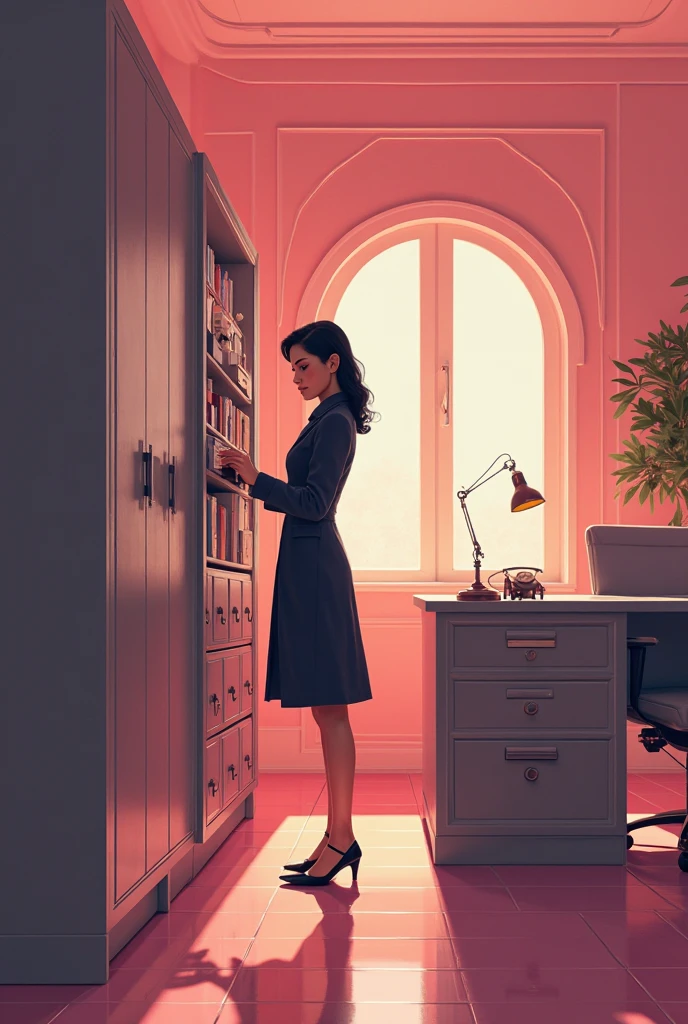 Female detective with dark wavy hair looking for files from a file cabinet in a pink office