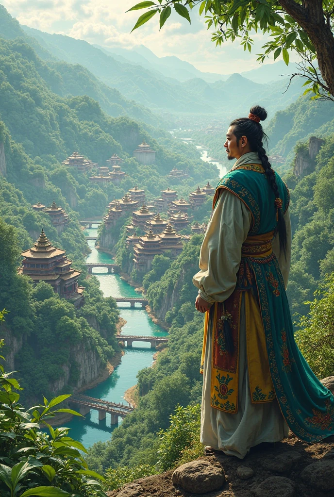 A lush subtropical landscape with Zhao Tuo overlooking a river valley where a new walled city begins to rise, a blend of Han and local architecture. Generate image 