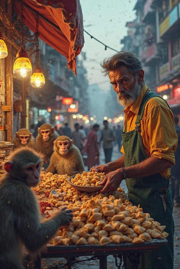 একটি গরু সামুসা বিক্রি করতাছে সন্ধ্যবেলা আর কিছু বানর এসে তাকে বিরক্ত করছে আর তার সামুসা খাচ্ছে 