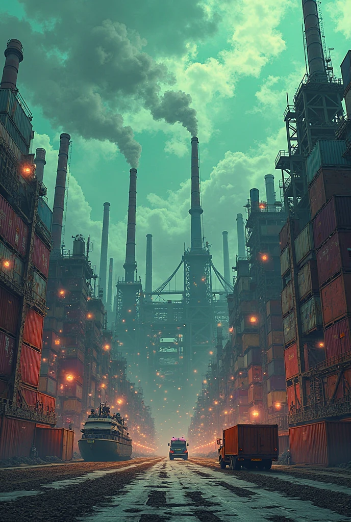 "A chaotic expanse of factories and containers piled up, where toxic smoke and metallic noise create a claustrophobic atmosphere. Hundreds of rusty containers pile up like sleeping giants, suspended while chimneys spew greenish clouds into the leaden sky. Industrial anime style, with dirty colors and aggressive lines."

🏗️ ARCHITECTURE AND SCENE:
Forest of chimneys that erupt smoke (poison green #39FF14 and black #000000)

Thousands of containers stacked in unstable towers (arancioni #FF8C00, peeling blue #0F4C81)

Corroded factories:

Walls covered with graffiti and letters "PERICOLO"

Tubes leaking toxic vapor

Intermittent neon lights (rosa shock #FF00AA, sick yellow #FFF700)

Gru abbandonate con ganci penzolanti come artigli

🚛 LOGISTICA CAOTICA:
Diesel trucks parked at random, engines on

Rusty cargo ships on the pier, container semi-affondati

Binari ferroviari contorti che scompaiono nel fumo

🎨 STILE ARTISTICO:
Thick and broken lines (like scars)

Colori:

Lead gray (#5A5A5A) for cracked asphalt

Rust red (#8B0000) on containers

Toxic purple (#9400D3) from polluted pools of water

Details:

Petrolio che riflette luci malate

Reti metalliche strappate

Fili elettrici che cadono come liane

👷 VITA (OR SURVIVAL):
Zombie workers with ripped jumpsuits and purple dark circles

Broken robots trying to repair exploded machinery

Corroded Pokémon (Grimer devouring waste, Rusty Klink)

⚙️ LEONARDO SETTINGS.AI:
Modello: Anime + Cyberpunk

Style Strength: 80% (to keep the cartoon dirty)

Negative Prompt: "clean, nature, beautiful, sunny, happy"

Extra: "volumetric smoke, rust textures, chaotic composition"

💡 EXTREME VARIANTS:
Aggiungi "a huge cargo ship stranded in a factory"

Inserisci "a gigantic crane that holds an explosive container"

Mostra "a black market among containers with smuggled Pokémon"