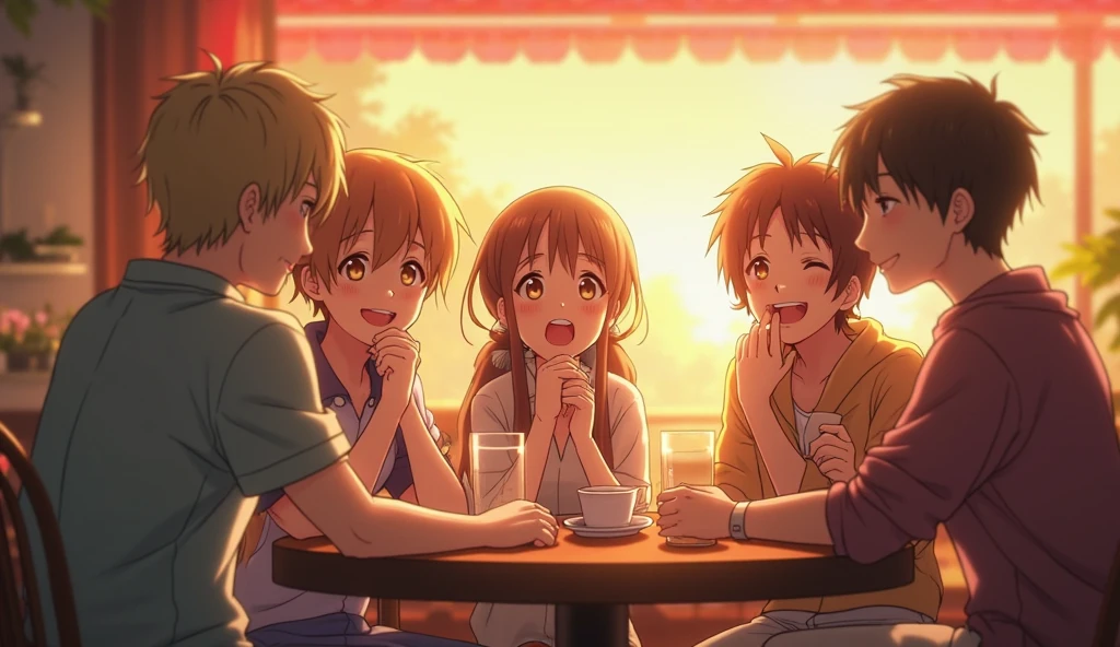 Anime character: Three young people sitting at a table holding a bottle of wine, kyoto animation still, Cute boys, in style of kyoto animation, Kyoto Animation, screenshot from the anime film, Today's featured anime stills, still from tv anime, kyoto animation productions, anime still frame, animated still, anime still frame, biting lip, 2 0 1 9 anime screenshot
