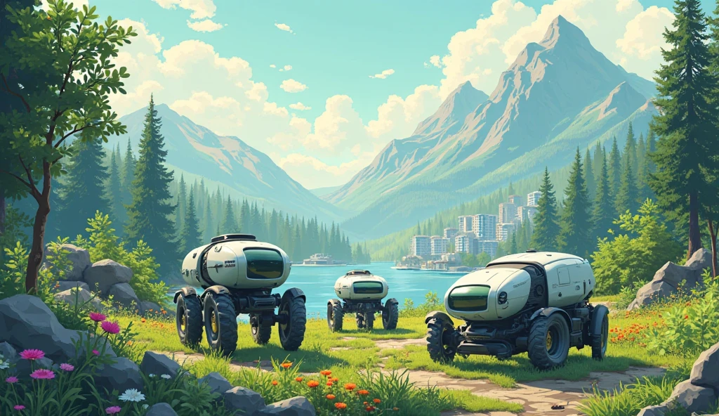 “A vision of the future with Corleo robots in different environments: forest, mountains, and city, emphasizing clean energy and mobility — vibrant, eco-conscious art style.”