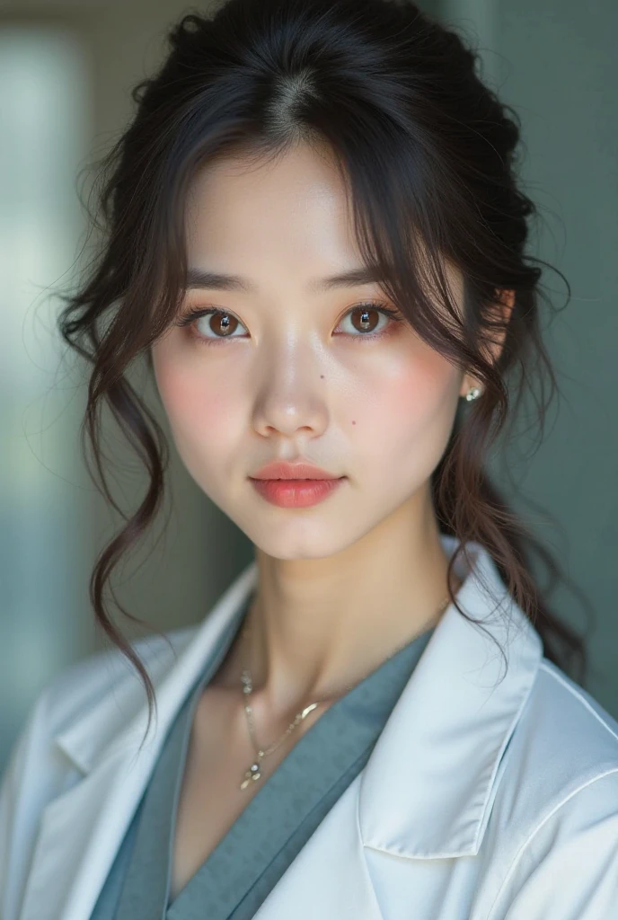 Chinese-haired woman, beautiful, piel clara, okis light brown, dressed as a doctor 
