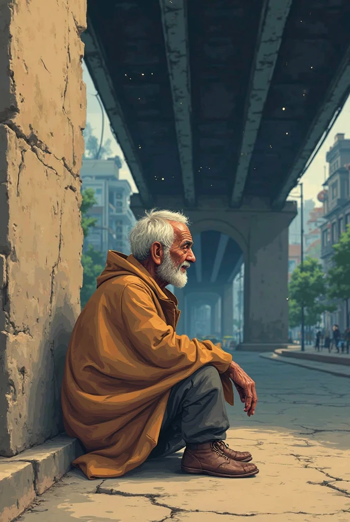 Simple 2D illustration of Under a crumbling bridge, wrapped in a threadbare coat, sat an old beggar named Rafiq. His face, weathered by time and sorrow, told stories his lips never did. Every day, he sat quietly on the same corner, holding out a trembling hand—not just for coins, but for a moment of human warmth.