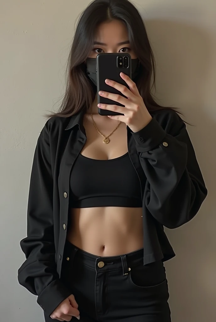 brunette, teenage girl, wearing cropped top and black jacket, taking a selfie in a mirror, wearing jeans, iphone