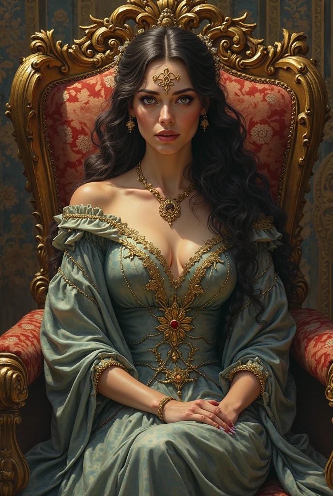 A queen woman sitting on a chair with gemini detailed sign on her forehead