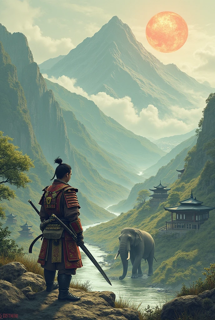 Buddhist landscape with a samuray warrior and an elephant
