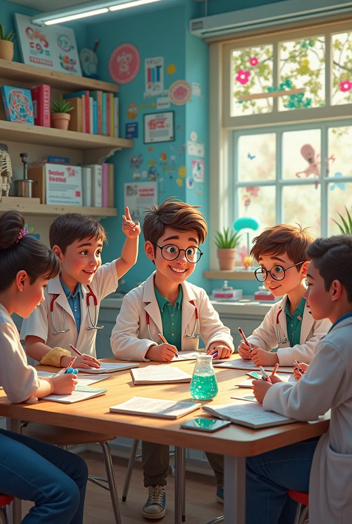 Floating paper;A group of children;Experiment in the lab;They wore magic robes;Holding a magic wand in his hand;Paper on the lab table;Slowly floated into the air