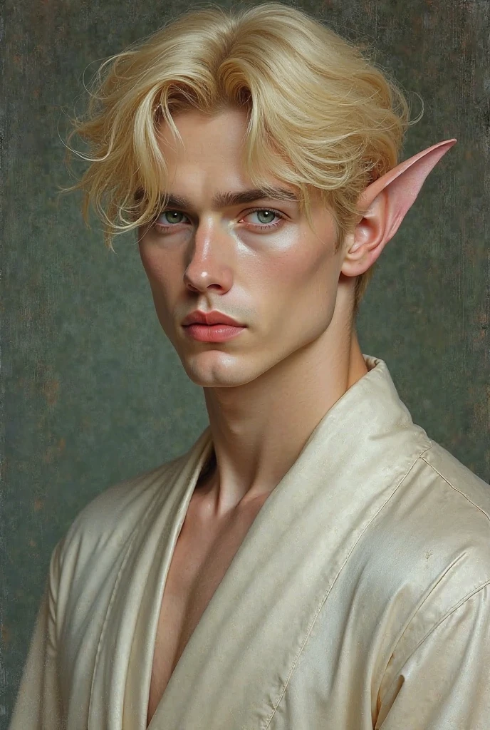 Oil painting style, detailed, as humanlike as possible. 

A blonde haired man with Faerie ears. He is wearing a long, silky, gossamer silk robe. The face is a chiseled jaw, green eyes, a tall nose, and high cheekbones — similar to Kim Seokjin's face. He is staring at the camera, straight ahead, with a serious expression. He looks handsome, pale white complexion, with soft pink lips. 