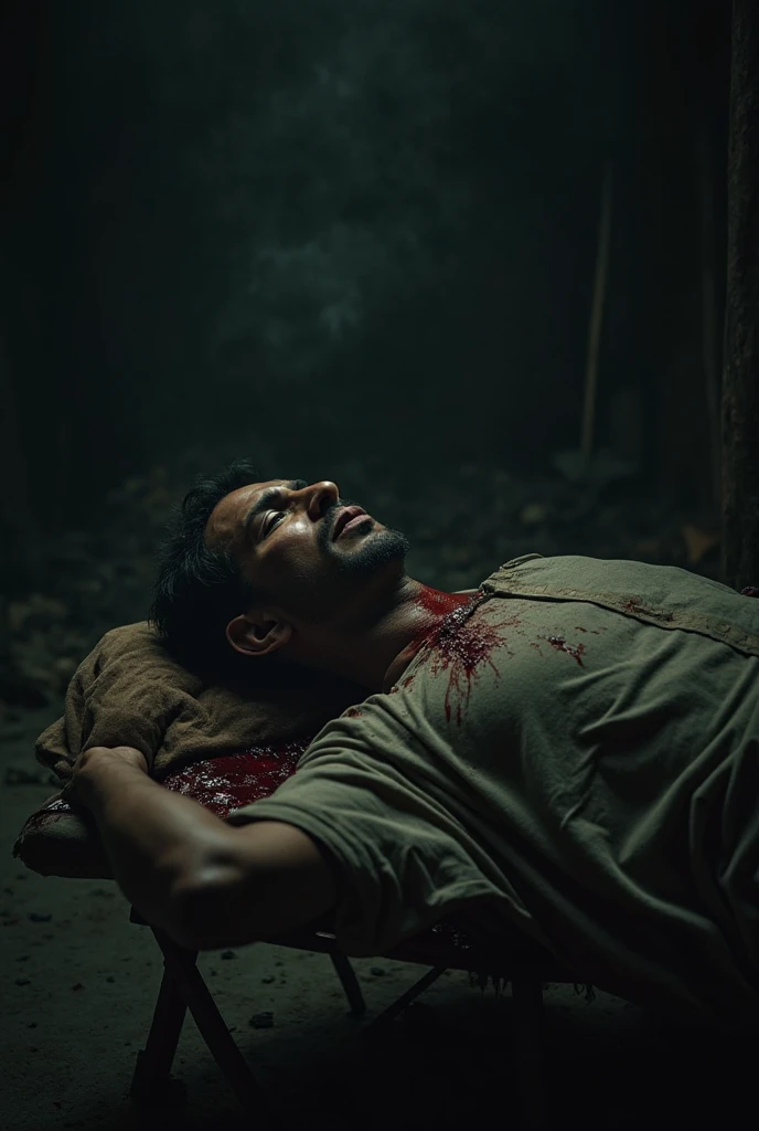 Make a movie poster " A 25 YEAR YOUNG INDIAN BOY, WEARING A SIMPLE FULL SLEAVE SHIRT and PANT, HE FALL IN GROUND SEE THE SKY WITH PAINFULLY STRUGGLE , HIS FACE AND BODY IS FULLY BLOODED AND INJURIES, AT NIGHT IN A DARK SOIL GROUND, WRITE PROFILE LUCK, DRON ANGLE CLOSE UP SHOT