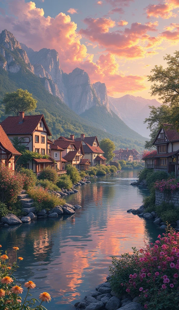 a small village by the river, mountains in the background, floral flowers colorful, detailed landscape, Beautiful natural landscapes, atmospheric lighting, scorching sunset, warm colours, practical, photopractical, Detailed Foliage, complex buildings, cobblestone street, Charming country house, swirly vibrant colors, lush vegetation, Still water reflections, Picturesque, idyllic, work of art, best qualityer, 8k, extremely detaild,anime styling