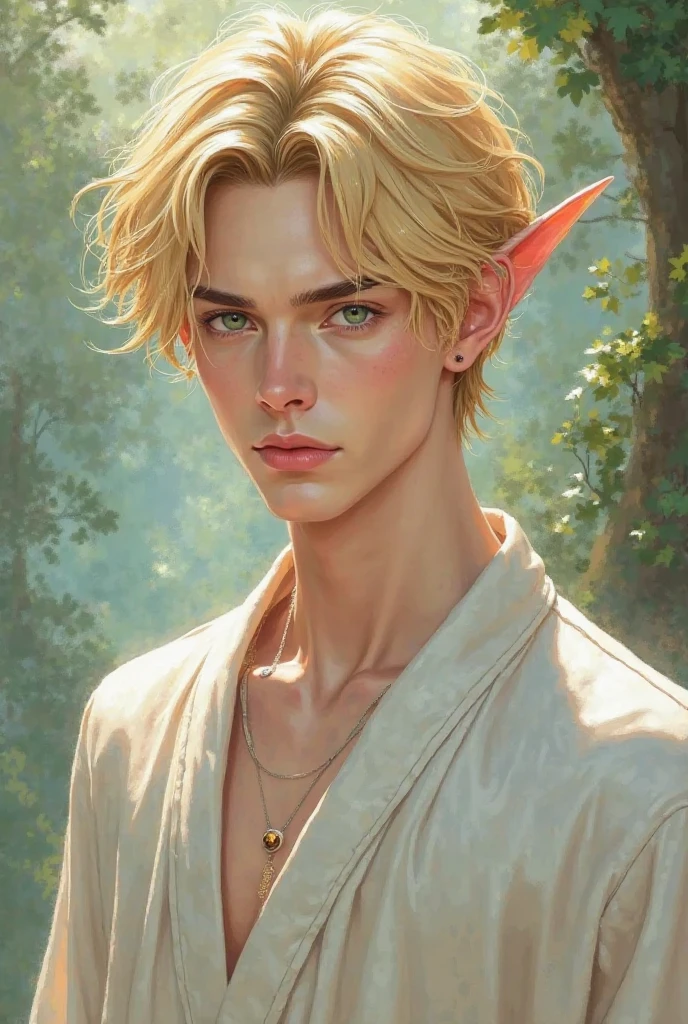 Oil painting style, detailed, 3D anime-ish as possible. 

A blonde haired man with Faerie ears. He is wearing a long, silky, gossamer silk robe. The face is a chiseled jaw, green eyes, a tall nose, and high cheekbones — similar to Kim Seokjin's face. He is staring at the camera, straight ahead, with a serious expression. He looks handsome, pale white complexion, with soft pink lips. 