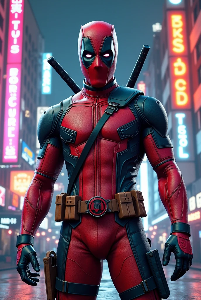 1man, Deadpool from Marvel, shiny visor, technical attire, big jacket, outdoor skyscraper, neon rim, night, rain, volumetric lighting, best quality, masterpiece, realistic