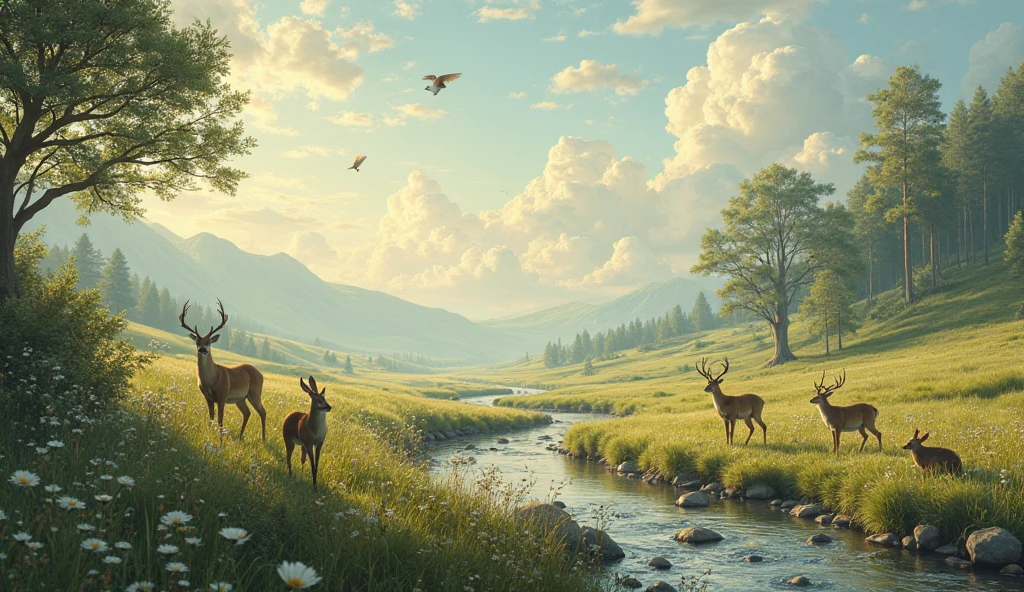 create a beautiful and calm scenario of psalm 104 with streams, wild animals, green fields, sky between clouds and blue