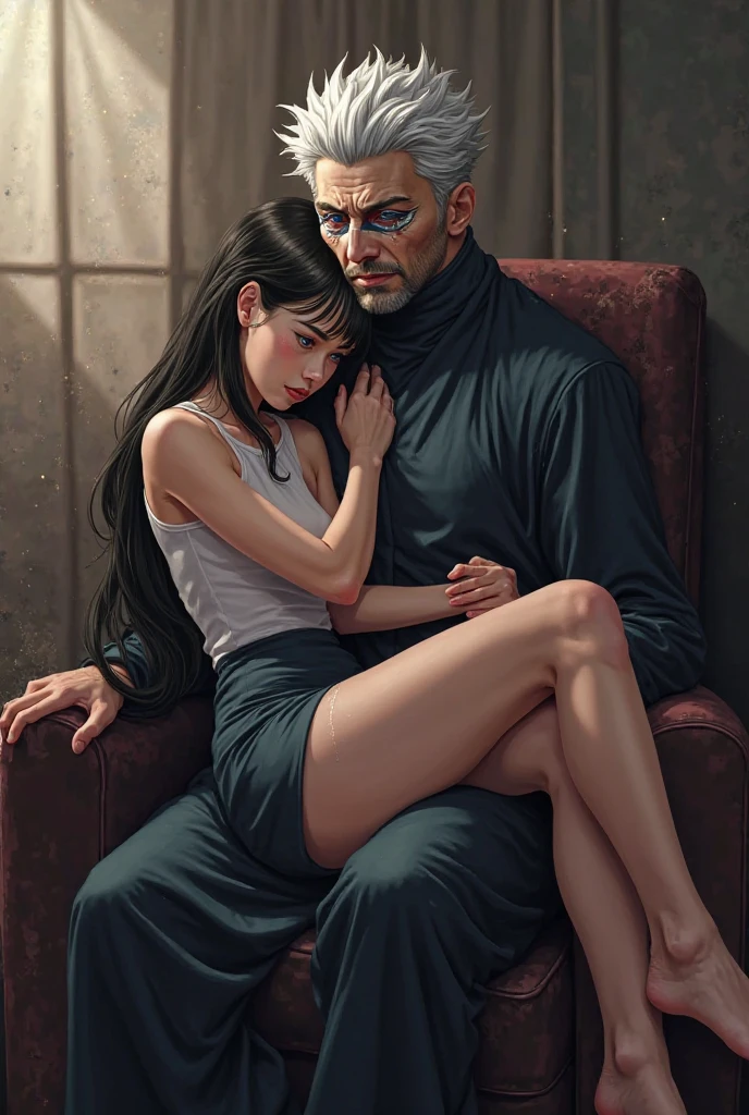 I want to create Gojo with a realistic style using his mask. But who is sitting in a chair with a girl on his legs hugging him from the neck and Gojo sweating