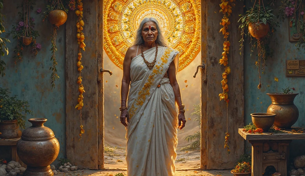 *"A divine Tanjore-style portrait of an elderly female village healer, embodying ancient wisdom and spiritual grace. She stands serenely at the threshold of her herbal hut near Annamalai, her presence radiating both medical expertise and sacred energy.*  

**Key Details:**  
- **Face:** Wrinkled with wisdom, third eye subtly visible on forehead, kind yet penetrating gaze  
- **Attire:**  
  - White cotton sari with turmeric-stained border  
  - Traditional vaidyar's amulet around her neck  
  - Toes stained with medicinal herbs  
- **Posture:** One hand holding a bronze mortar (ulakkai), the other in Chinmudra (knowledge gesture)  
- **Symbolic Elements:**  
  - Halo of 108 medicinal plants floating behind her  
  - Shadow forming Dhanvantari's silhouette  
  - Petal from neem/mango tree caught mid-air near her cheek  

**Background:**  
- Her healing hut with:  
  - Hanging dried herbs casting yantra-like shadows  
  - Ancient palm-leaf manuscripts on a wooden stand  
  - Distant glow of Annamalai shaped like a healing kalasha  

**Art Style:**  
- Hyper-realistic textures in skin/hands  
- Gold leaf accents only on:  
  - Her amulet  
  - Halo's sacred plants  
  - Mortar's medicinal paste  
- Kerala mural-inspired divine glow effect  

**Lighting:** Twilight's purple-blue hues merging with her golden aura, creating an ethereal medicinal glow.  