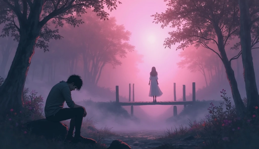 A dramatic anime style  and emotional scene in a dreamy, foggy forest. A heartbroken man sits on a rock in the foreground with his head bowed in sorrow. In the background, a mysterious woman in a white dress walks away into the mist on a wooden bridge, fading into the pink and purple fog. The atmosphere is filled with sadness and longing, with silhouetted trees adding to the moody, surreal vibe.

