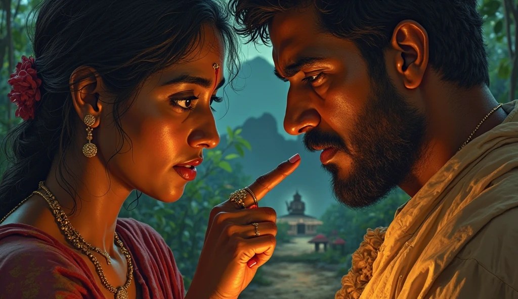 *"A poignant Tanjore-style painting capturing the moment a laboring wife whispers to her husband about her mother's nearby home. The intimate close-up focuses on their faces - hers strained yet determined, his torn between fear and hope. Her trembling hand points toward an unseen path through the dangerous jungle, while his grip tightens on her shoulder.*  

**Key Details:**  
1. **Wife's Expression:**  
   - Sweat-matted hair sticking to her forehead  
   - Lips parted mid-whisper forming the words "ரண்டு கல்..."  
   - A single gold nose ring glinting in the dim hut light  

2. **Husband's Reaction:**  
   - Eyes darting between her face and the dark doorway  
   - Sacred ash smeared across his furrowed brow  
   - Veins visible on his temple  

3. **Symbolic Elements:**  
   - Between them, a kolam morphs into a glowing path with two stone markers  
   - Her shadow merges with a protective mother-goddess silhouette  
   - A fallen hibiscus at her feet (symbolizing fragile time)  

**Background Blur:**  
- The jungle path barely visible through the hut door  
- Faint outline of a thatched home with a lamp (her mother's house)  
- Annamalai mountain shaped like a watchful Ganesha  

**Art Style:**  
- Kerala mural-inspired emotional expressions  
- Gold leaf highlights on:  
  - The invisible path stones  
  - Her mangalsutra chain  
  - Tear tracks on both faces  

**Lighting:** A single oil lamp casting dramatic shadows, creating divine halos around their faces while the jungle remains ominously dark.  