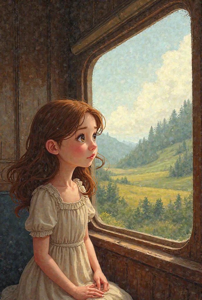   Create an image of a  girl in a train looking out the window ( I need the photo to decorate a book of a story ) (The image that is drawing )Cardboard drawing