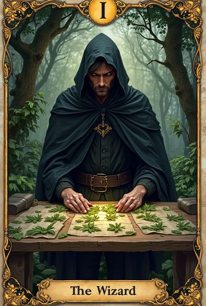 Mystical tarot card style illustration depicting “The Wizard”. A mysterious man wears a black cape with a black hood that partially covers his face. He is standing behind a rustic wooden table, in a natural environment with a magical and dark atmosphere. on the table, sheets of Mariri vines and chacrona leaves are arranged in a ritualistic pattern, symbolizing ancient wisdom and connection with the divine. The man's expression is concentrated, as if in the midst of a sacred ritual. Ao fundo, shadows of dense forest and soft lights create an aura of hidden power. The image has deep, earthy tones, with an emphasis on black, dark green and golden touches. The card frame is engraved with esoteric symbols and stylized sheets. The number I and the title “The Wizard” appear at the bottom in a magical and ancient font.