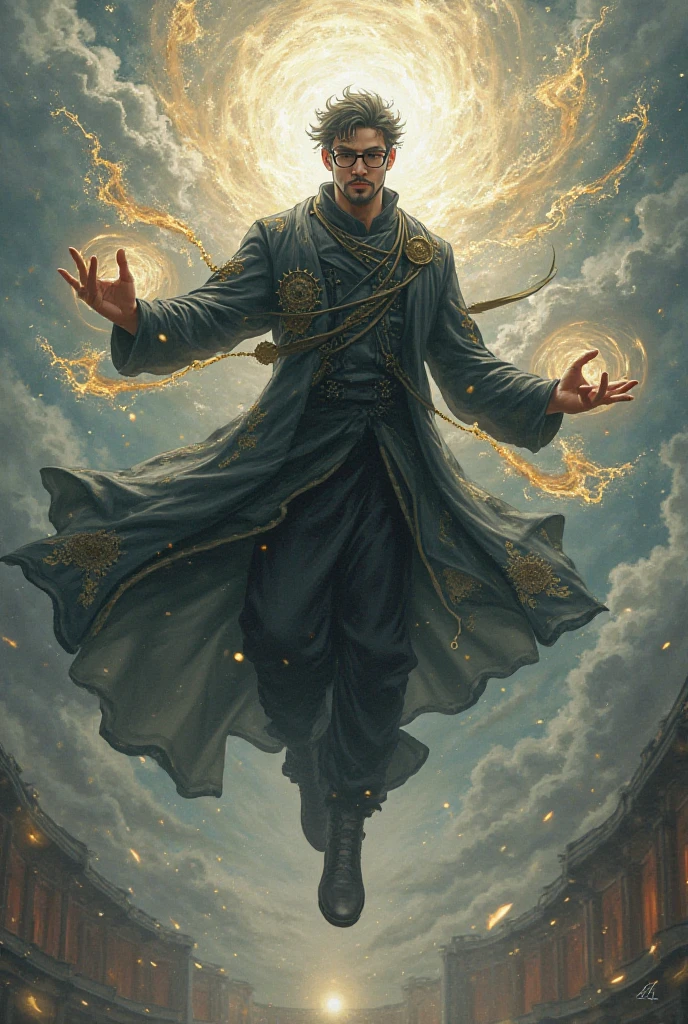 Gojo wear black glasses and he is flying 