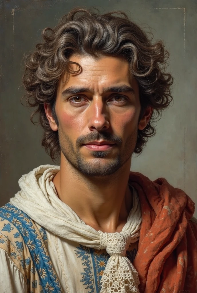 "Create a high-resolution, 18th-century Baroque/Rococo oil painting style illustration focused on the face of Pyrrhus of Elis, a 4th-century BC Greek philosopher, from the front, looking directly at the viewer. Represent him as a middle-aged man with Mediterranean features, tanned skin, wavy, graying brown hair, styled as a powdered wig. His deep-set eyes and serene expression, fixed forward, reflect calm, with a slight enigmatic smile. The soft light illuminates the face frontally, highlighting the features with subtle shadows. He wears a stylized Greek tunic with blue embroidery and a white lace tie.