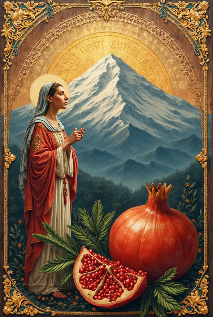 Make me a beautiful Armenian icon with Mount Ararat and a pomegranate