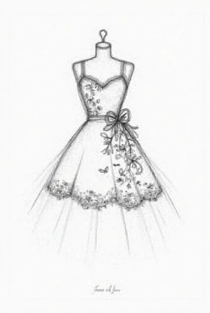  Sketch of a dress with flowers on its fabric and colors, and short and long lace. 