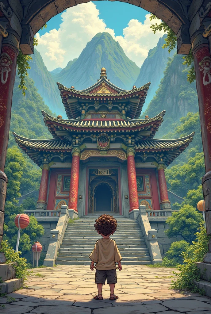 Create an image of a curly-haired age boy training at an ancient temple by his grandpa in comic book style 
