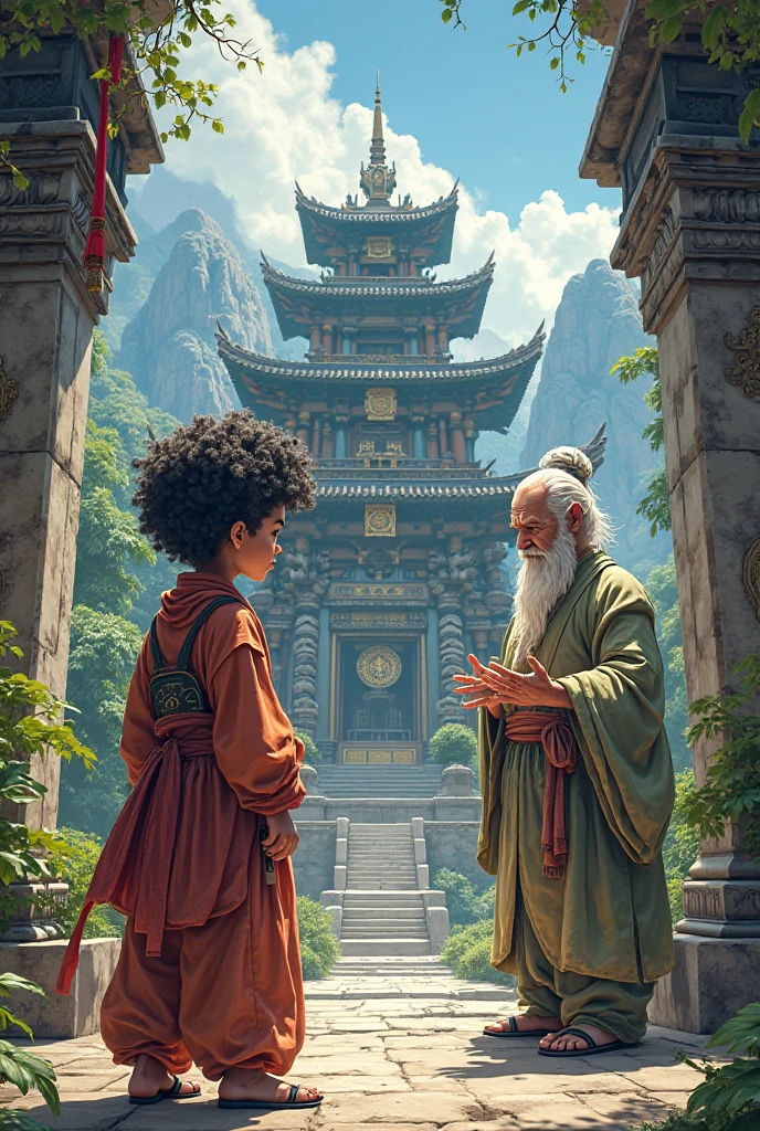 Create an image of a curly-haired age boy training at an ancient temple by his grandpa in comic book style 