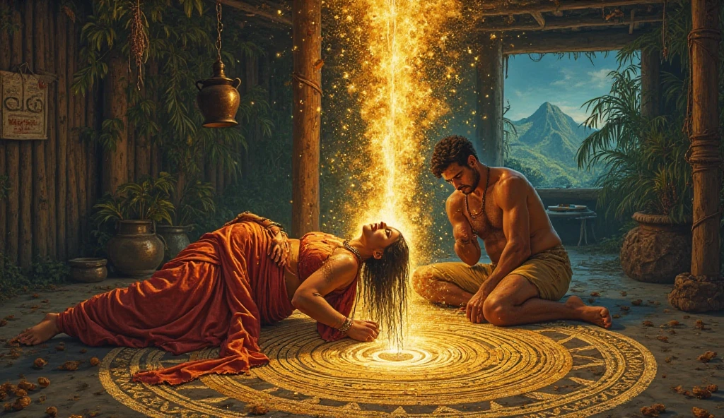 **Prompt in English (for AI interpretation):**  
*"A dramatic Tanjore-style painting capturing the climactic moment of birth in a jungle hut near Annamalai. The wife collapses against the wooden pillar, her silk saree drenched in sweat, face transfigured by unbearable pain yet radiant with primal Shakti energy. Her husband kneels behind her as human support, his face mirroring her agony, tears cutting through sacred ash marks as he becomes the sacred witness to this divine struggle.*  

**Key Elements:**  
1. **The Wife's Transformation:**  
   - Golden light erupting from her womb like a newborn sun  
   - Hair unraveled, strands forming Tamil 'ஓம்' shapes in mid-air  
   - Third eye visible on forehead as pain unlocks spiritual power  

2. **Sacred Space:**  
   - The hut's floor kolam now glowing as a cosmic yoni yantra  
   - All shadows in the room converging into protective Kali silhouettes  
   - Annamalai mountain visible through window, peak shaped like a giant kamandalu  

3. **Symbolic Details:**  
   - A bronze water vessel cracking from vibrational energy  
   - Her mangalsutra floating mid-air, beads forming a protective chain  
   - The husband's sacred thread now binding their joined hands  

**Art Style:**  
- Kerala mural dynamism for body postures  
- Hyper-realistic sweat/tear textures  
- Gold leaf accents ONLY on:  
  - The emerging baby's aura  
  - Cosmic yantra on floor  
  - Husband's tear tracks  

**Lighting:**  
- Unnatural glow from wife's body illuminating medicinal herbs hanging from ceiling  
- Cold blue predawn light through palm-leaf walls creating divine patterns  