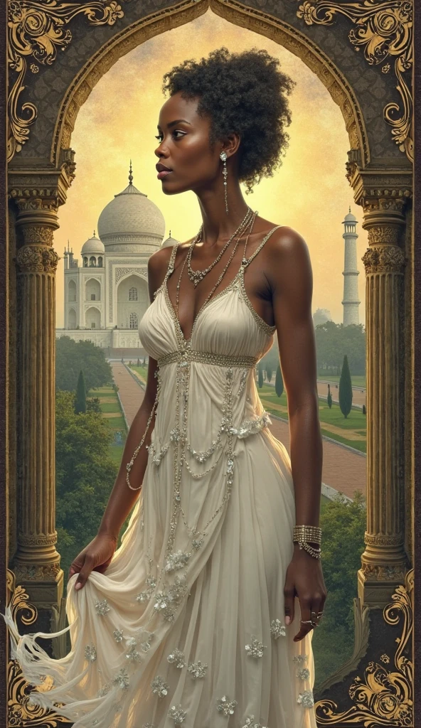 A tarot card HD a African women 50 years yung woman with. and  and taj.a dress color withe  and crystal ball ..