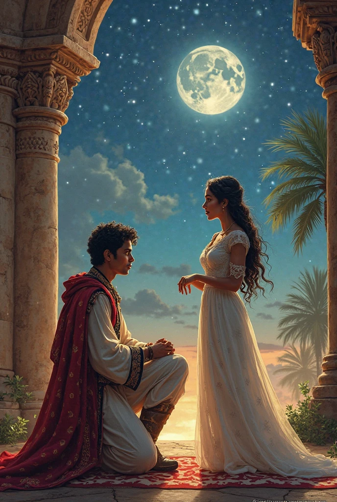 "Illustrate the scene where Young and handsome Prince Arman meets Young and handsome Prince Neel in the grand palace of        Yemen. Show Arman kneeling before Neel with a determined plea for help, while Neel, radiating bravery, accepts the mission. Shift   to the emotional farewell in the royal garden, where Neel holds Tanni in a protective embrace under the soft glow of moonlight.        Capture the intricate details of young and beautiful princess Tanni Wearing light white dress, standing and cry. teary eyes and the              unspoken promises in their gaze. Highlight Neel’s departure at dawn, with Hobo standing loyally by his side as they march toward     the enigmatic path of the Seven Riddles."

