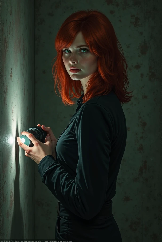 A redhead enters a dark room holding a flashlight, Female FBI agent, shoulder-length red hair, serious expression, dark-colored pantsuit, determination, intelligence, investigator of the unknown, skepticism, scientific approach, professional demeanor, young, green eyes, aquiline nose, small mouth, pale skin