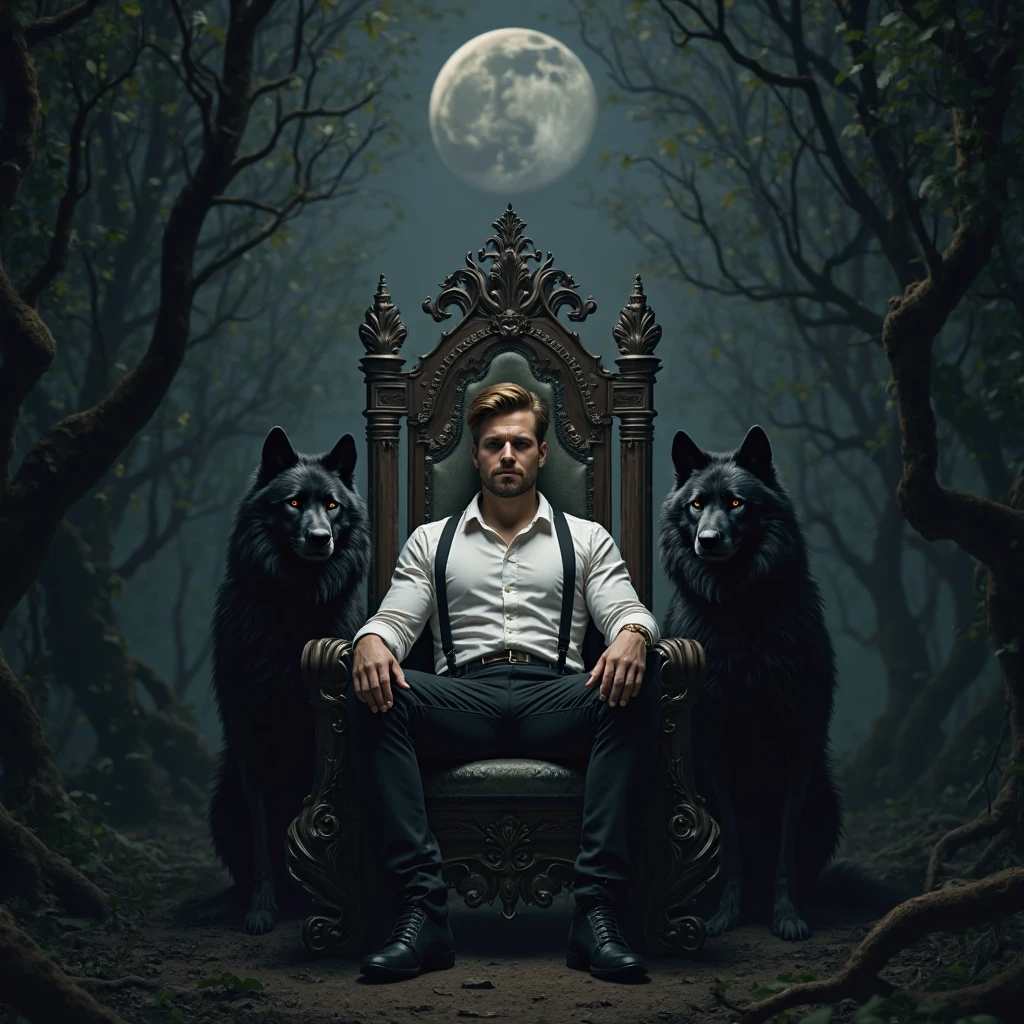 A man with short brown hair, Little beard dress up in white shirt suspender and black pants. Seated on a throne surrounded by two black wolves. Behind him a dark moon and a forest 