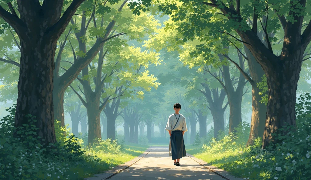 A Japanese man walking alone in a park during daytime, phone in pocket, just observing the trees.