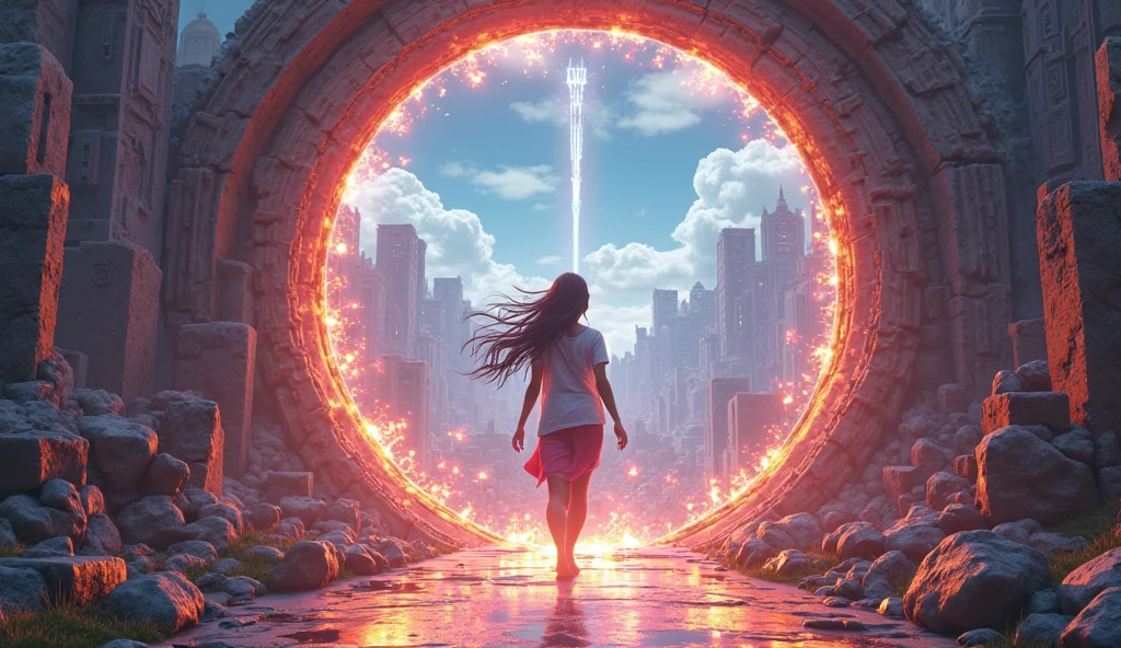 A 3D render of Mira stepping through the Time Door into a world where past, present, and future collide. She walks through a vibrant, surreal landscape, where elements of different eras are merged together—ancient ruins, futuristic cities, and timeless natural wonders. Glowing streams of light, representing the flow of time, surround Mira as she walks, guiding her journey through the different worlds. The atmosphere is mystical and dream-like, with the blending of different times creating a sense of timelessness.

