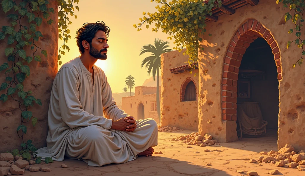 comic book illustrator with defined lines and shaded areas
 Semi realistic character  Middle eastern men
Mud brick village house rustic hut palm trees

Digital Painting with Semi-Realistic Illustration, Hasan sitting peacefully with a soft glowing light behind him. His eyes are closed, subtle smile on face, background has floral vines, old village essence with spiritual symbolism.