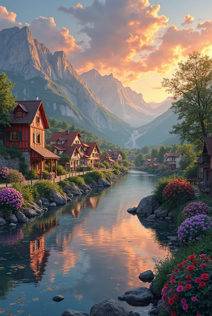 a small village by the river, mountains in the background, floral flowers colorful, detailed landscape, Beautiful natural landscapes, atmospheric lighting, scorching sunset, warm colours, practical, photopractical, Detailed Foliage, complex buildings, cobblestone street, Charming country house, swirly vibrant colors, lush vegetation, Still water reflections, Picturesque, idyllic, work of art, best qualityer, 8k, extremely detaild,anime styling