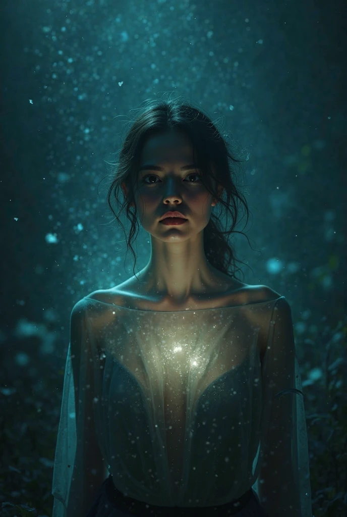 Nude, half body, close up, glowing woman in Ice, Ice hair, ethereal light, dark background, intense light, surreal atmosphere, digital art, dramatic lighting, detailed textures, ultra-high resolution