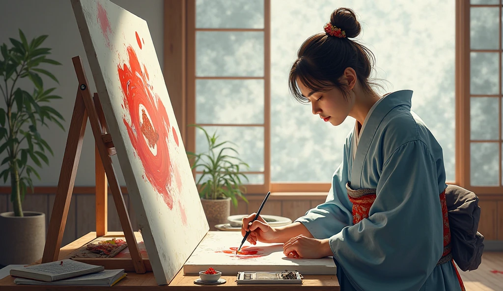 A Japanese artist painting in a quiet studio, completely immersed in the artwork with nothing else around.