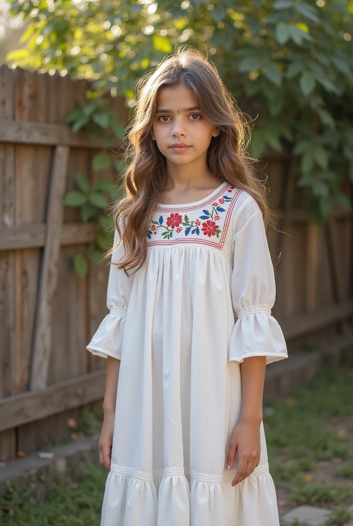 7 year old girl, brown hair, wearing a cute dress, sandals, in a park