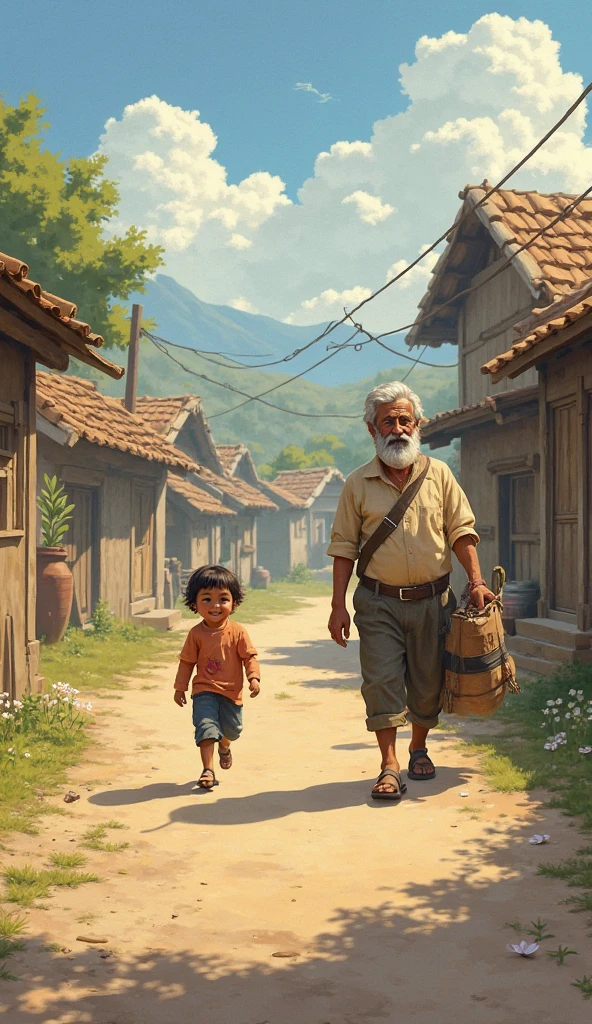 Visual description: A dirt road, simple houses, ren playing, and "Ayman", a  carrying his bag and walking with a smile.