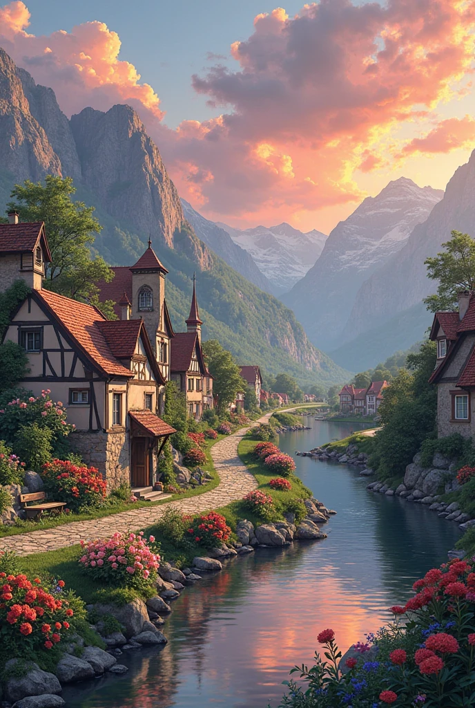 A small village by the river, mountains in the background, colorful flowers, detailed landscape style, beautiful natural scenery, atmospheric lighting,  scorching sunset ,  warm colors, practical, photographic, detailed foliage, complex buildings , cobblestone street, charming country house, vibrant colors, lush vegetation, reflections in the water, pitoresco, idyllic, work of art, Best Quality, 8k, extremely detailed, anime style