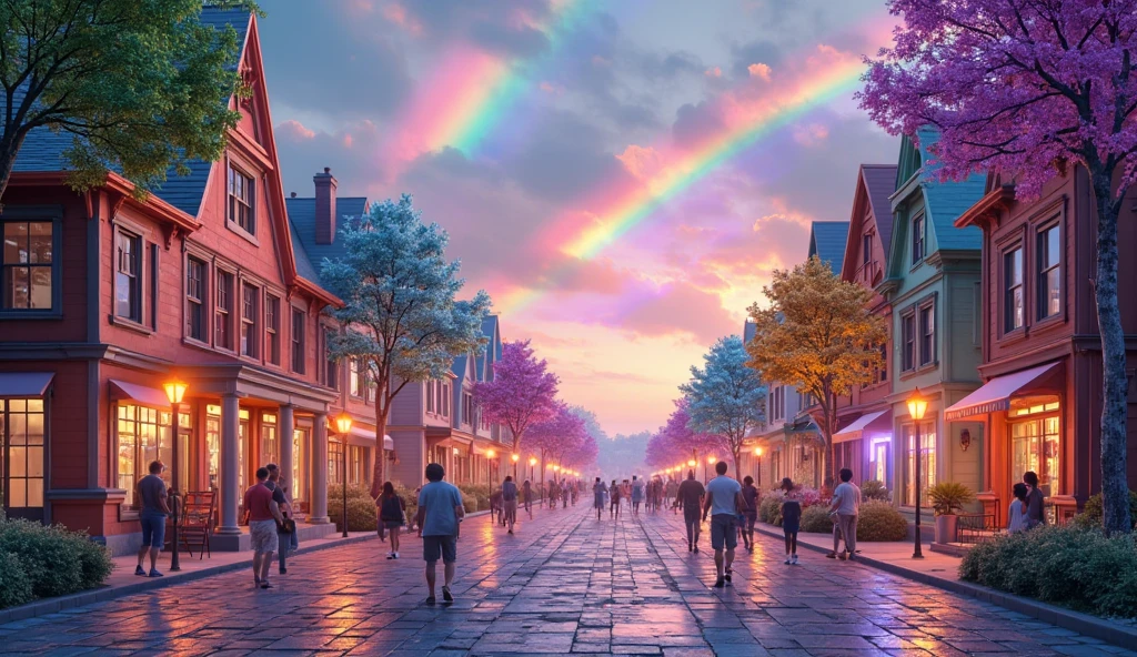 A 3D render of the town under the glow of the rainbow, with every building and tree illuminated in vibrant hues. The rainbow’s light spreads through the streets, bringing color to everything it touches. People of all ages walk through the streets, marveling at the beauty of their colorful surroundings. The town feels alive and full of energy, and the atmosphere is filled with a sense of renewal and joy, as if the town has been transformed by the magic of the rainbow.
