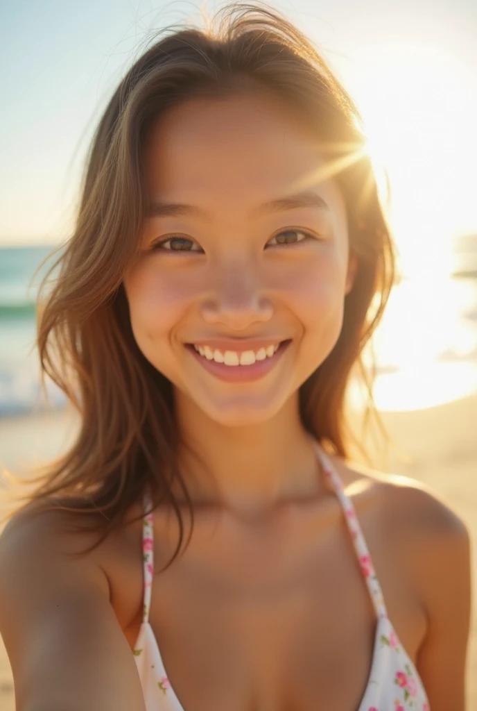 Japanese women　28 years old　round face    Realistic skin  White Bikini Style　Realistic photos　row photo selfie bad angle