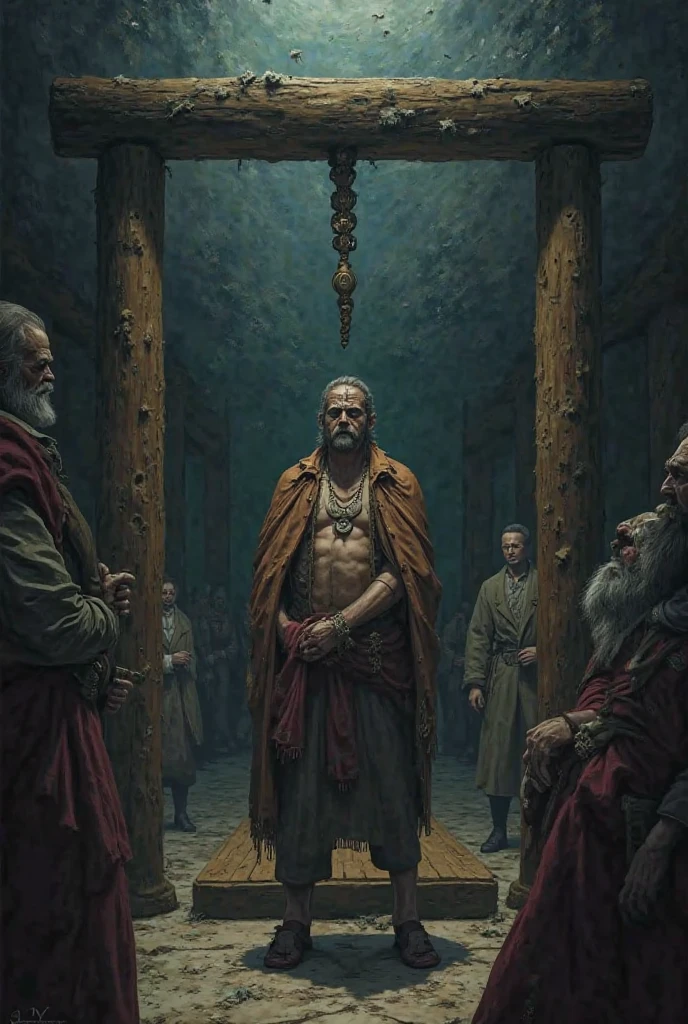 A person is on the execution platform, which is similar to the one in One Piece, and there is a person with a brown beard who wants to save the one who will be executed