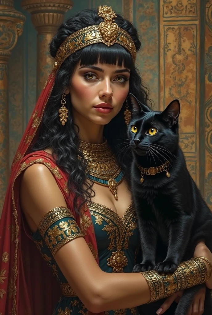 Please take a picture of Cleopatra up to her shoulders, and have a black cat by your side 